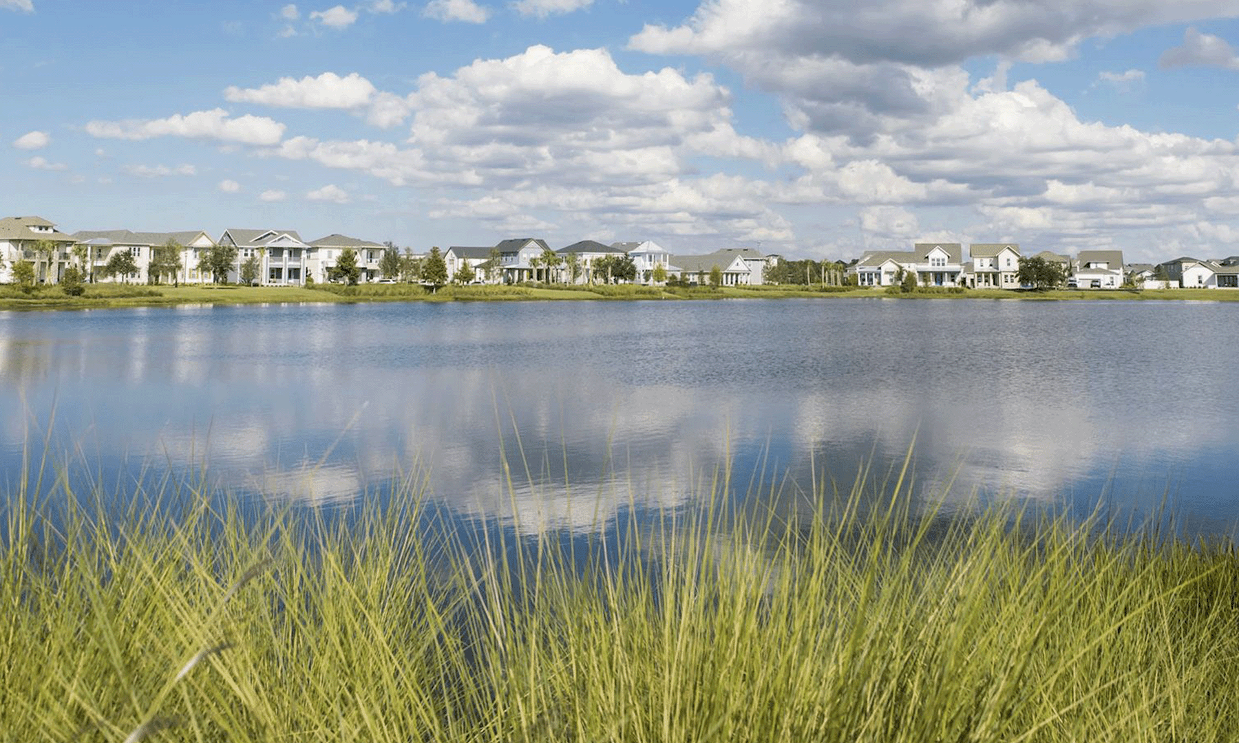 horizontal shot of houses and a lake in lake nona
